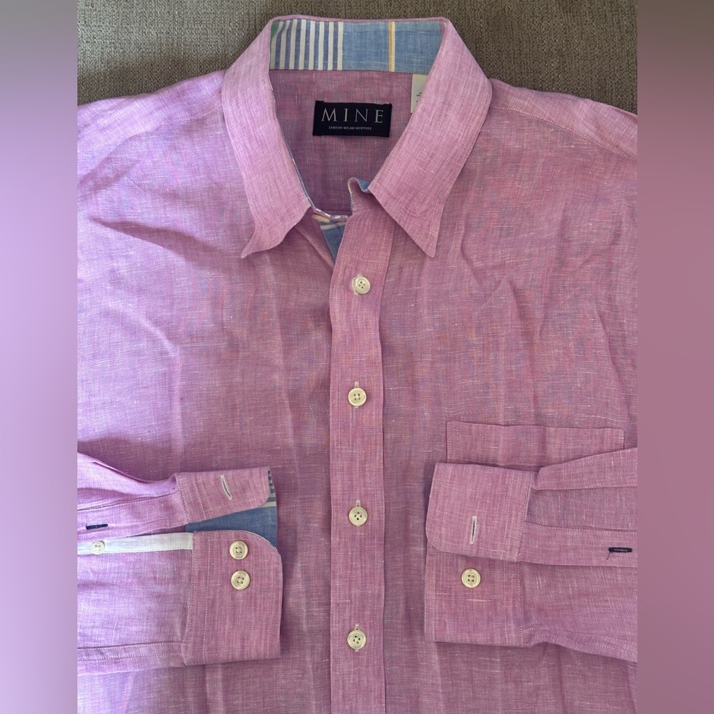 MINE Pink 100% Linen Blue Green Orange Contrast Men’s Shirt Shirt Size L